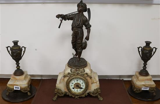 A French figural spelter and marble 3 piece clock set